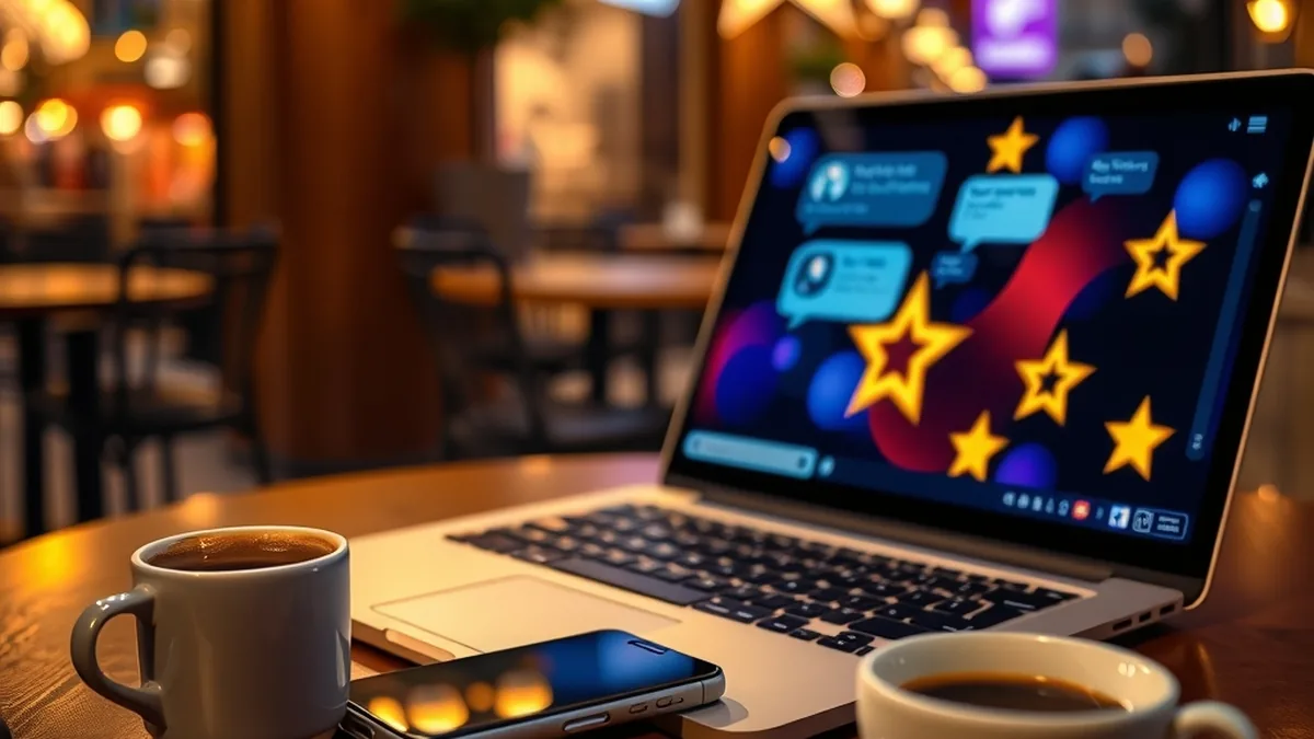 Ordinateur et smartphone avec bulles de discussion et étoiles d'avis Jackpot Bob