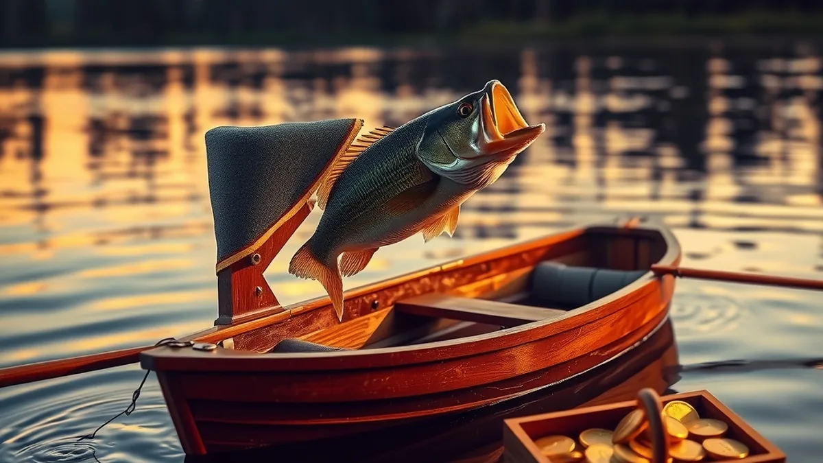 Barque de pêche et gros bar sautant sur un lac, Big Bass Bonanza
