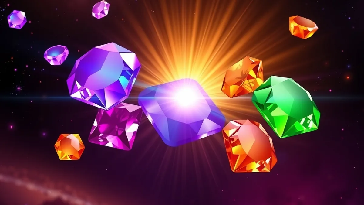 Gemmes lumineuses flottant dans l'espace autour d'une étoile, style Starburst