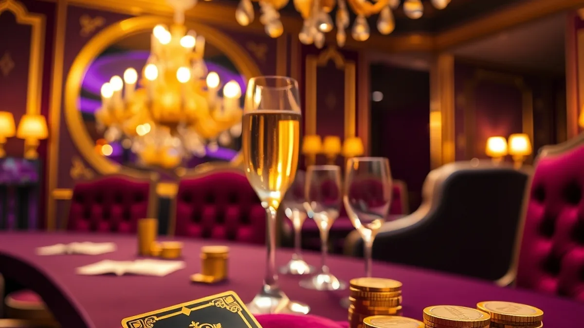 Carte VIP noire et dorée avec jetons et champagne dans un salon privé